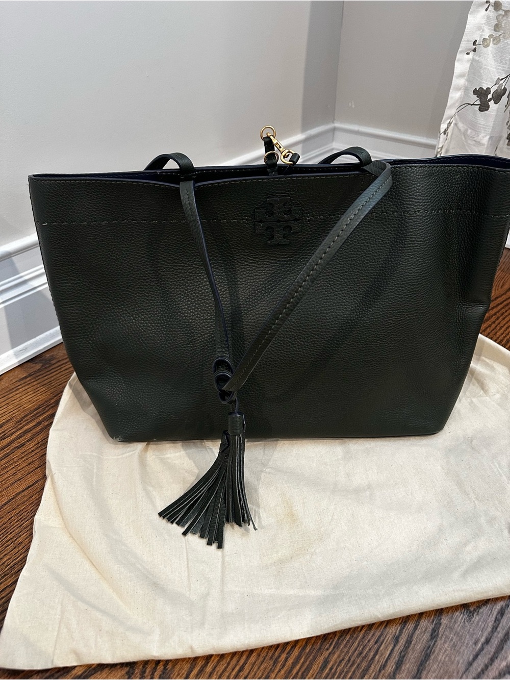 Tory Burch Olive Green Leather Tassel Tote